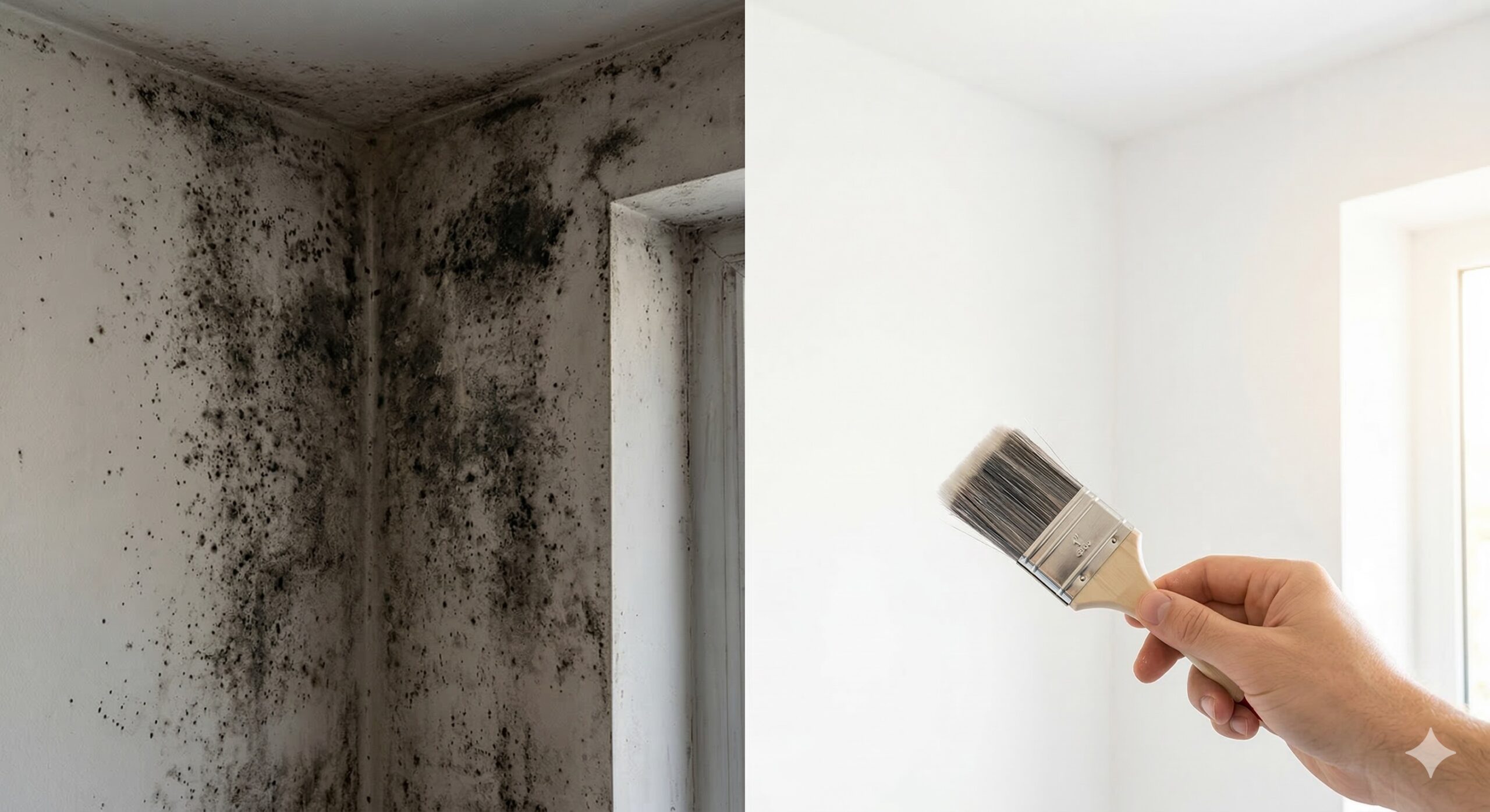 a sinistra un angolo di una parete con macchie nere di muffa e un'atmosfera cupa, a destra la stessa parete di un bianco luminoso e pulito, con una mano che tiene un pennello di qualità