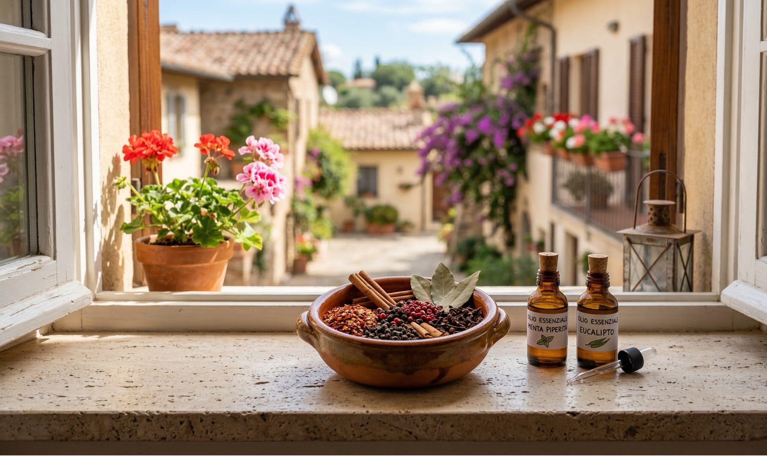 Un davanzale pulito con una ciotolina di spezie colorate e oli essenziali per allontanare i piccioni in modo naturale.