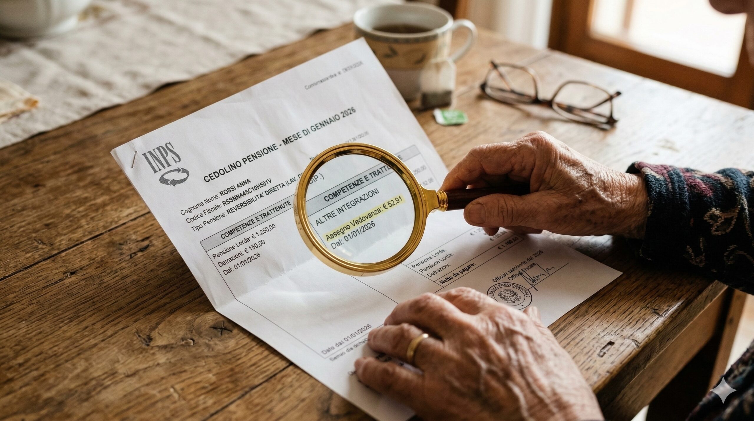Una mano anziana che tiene con cura una lente d'ingrandimento sopra un cedolino della pensione INPS appoggiato su un tavolo.