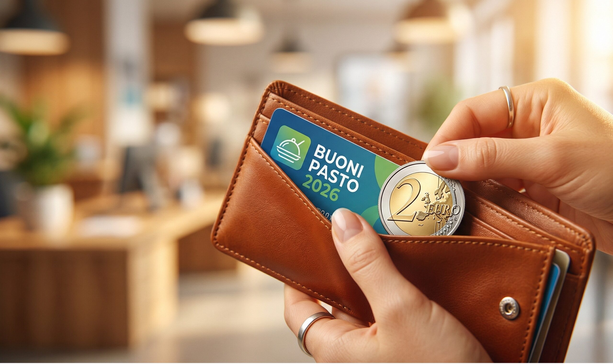 un primo piano di un portafoglio che si apre mostrando una carta prepagata per i buoni pasto e una moneta da due euro lucida, con lo sfondo sfocato di un ufficio pubblico accogliente