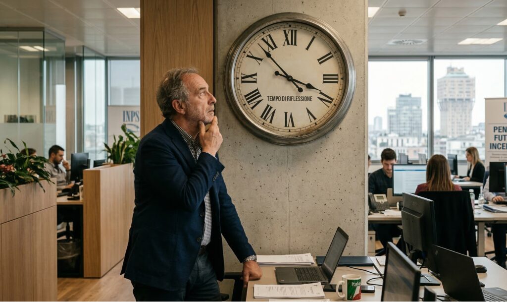 Un lavoratore di circa 65 anni che osserva pensieroso un grande orologio da parete in un ufficio moderno, con la mano sul mento