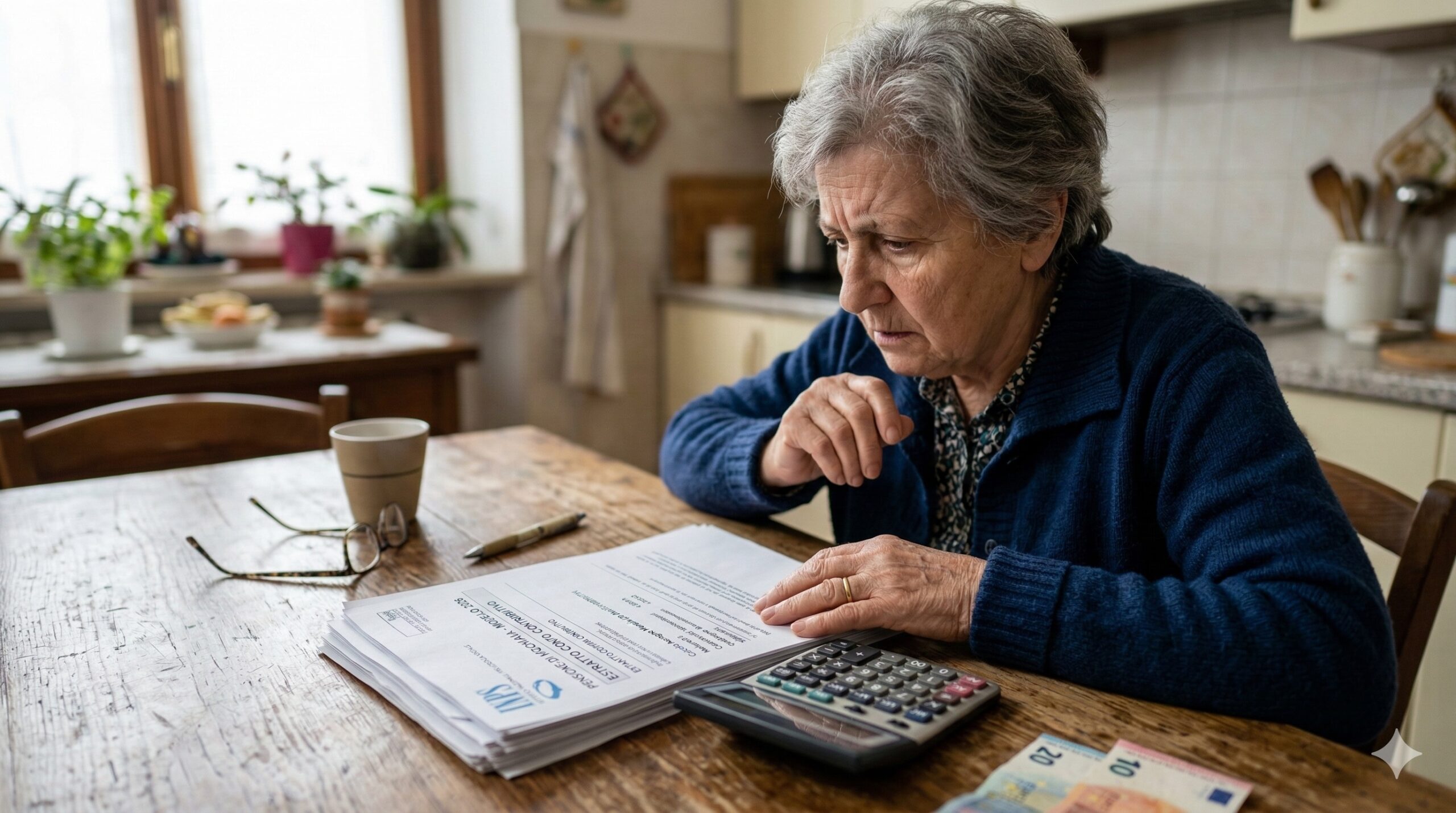 Persona anziana con espressione preoccupata mentre osserva documenti Inps e una calcolatrice su un tavolo di legno.