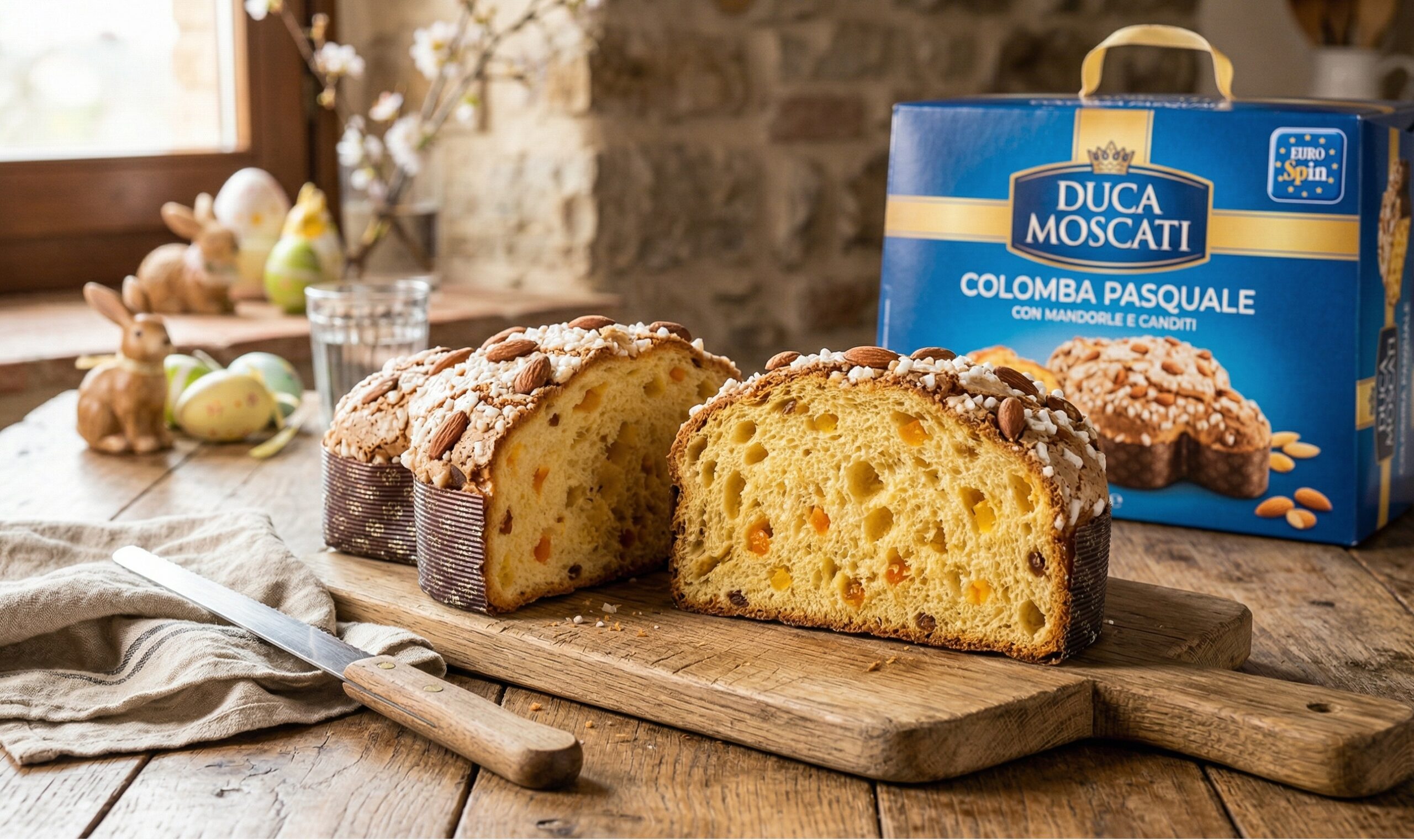 Una colomba pasquale Eurospin Duca Moscati tagliata a metà su un tavolo di legno