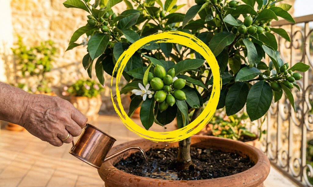 un limone rigoglioso in un vaso di terracotta, con una mano che versa delicatamente l'acqua alla base e un grande cerchio giallo che mette in risalto un grappolo di limoni appena nati