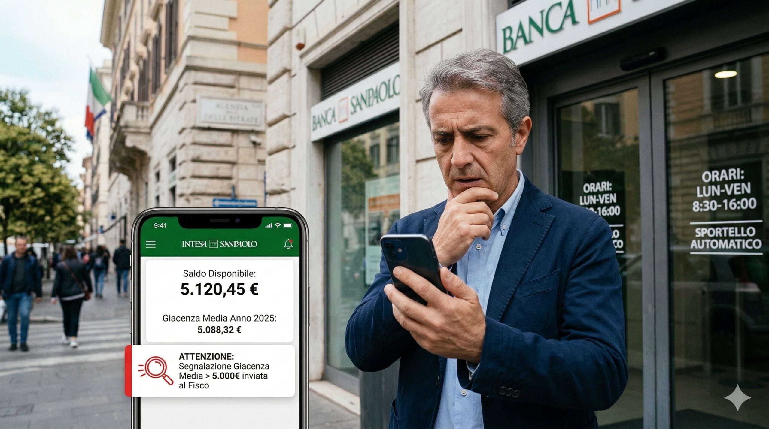 Immagine di uno smartphone che mostra l'app di un conto corrente con un saldo superiore a 5.000 euro, con una lente d'ingrandimento sopra il display che evoca un controllo fiscale.