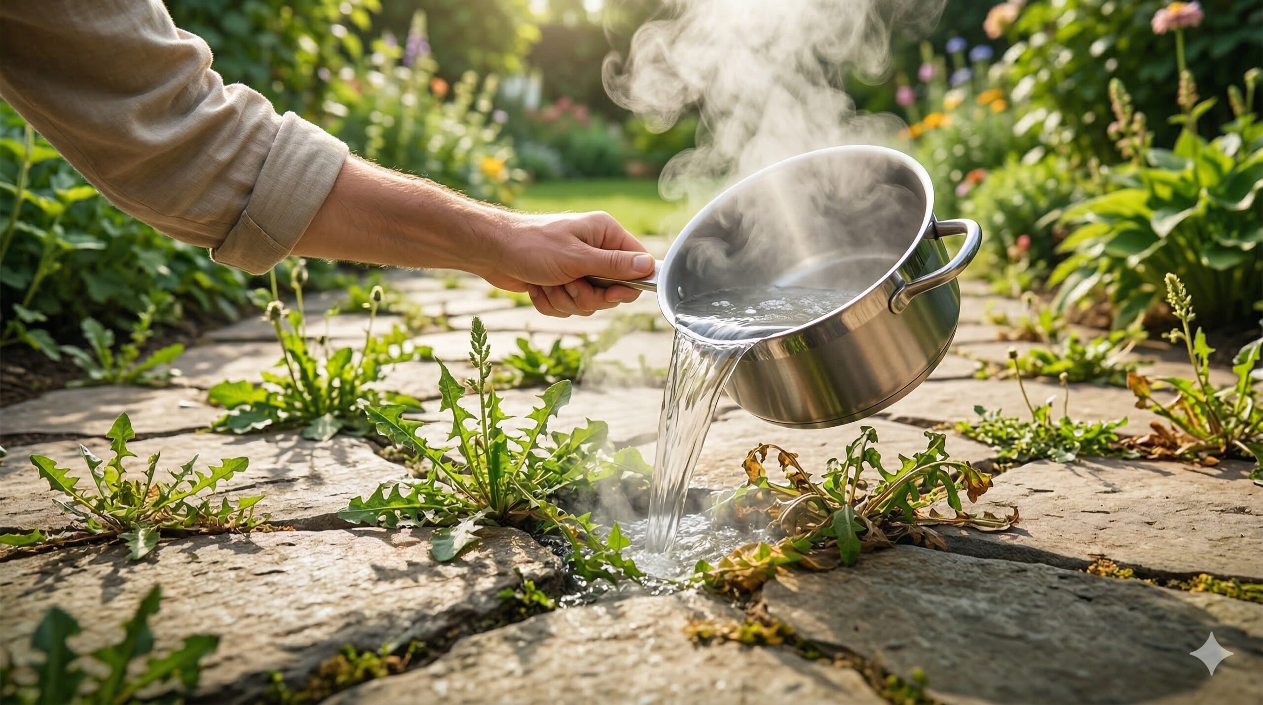 Una persona versa dell'acqua bollente direttamente tra le crepe di un vialetto in pietra dove crescono erbacce, con una pentola in mano