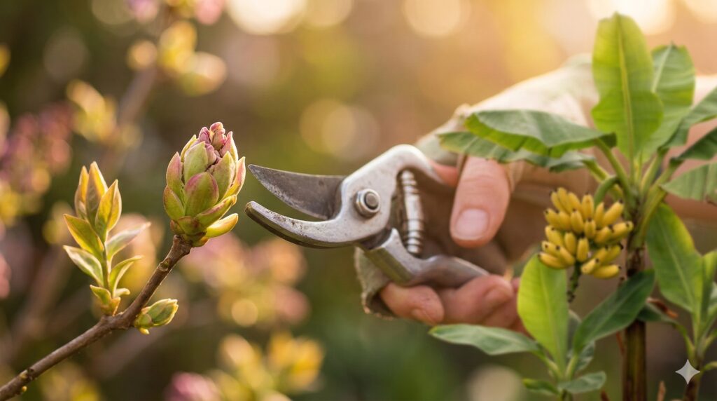 Un primo piano emozionale che mostra una mano che sta per tagliare un ramo, ma si ferma appena prima di toccare una gemma che sta per schiudersi. Colori caldi della luce solare di marzo, senso di protezione della natura