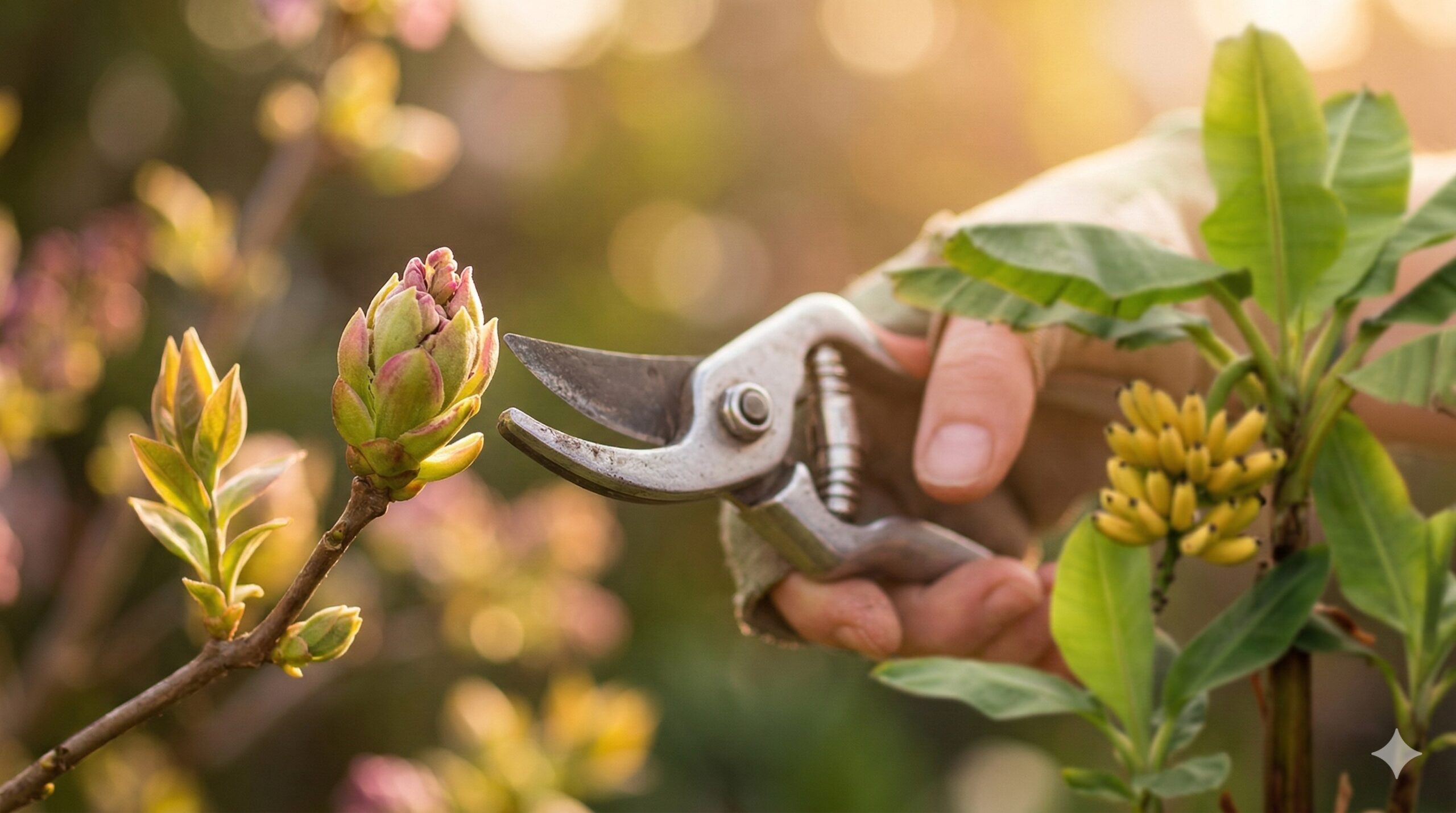 Un primo piano emozionale che mostra una mano che sta per tagliare un ramo, ma si ferma appena prima di toccare una gemma che sta per schiudersi. Colori caldi della luce solare di marzo, senso di protezione della natura