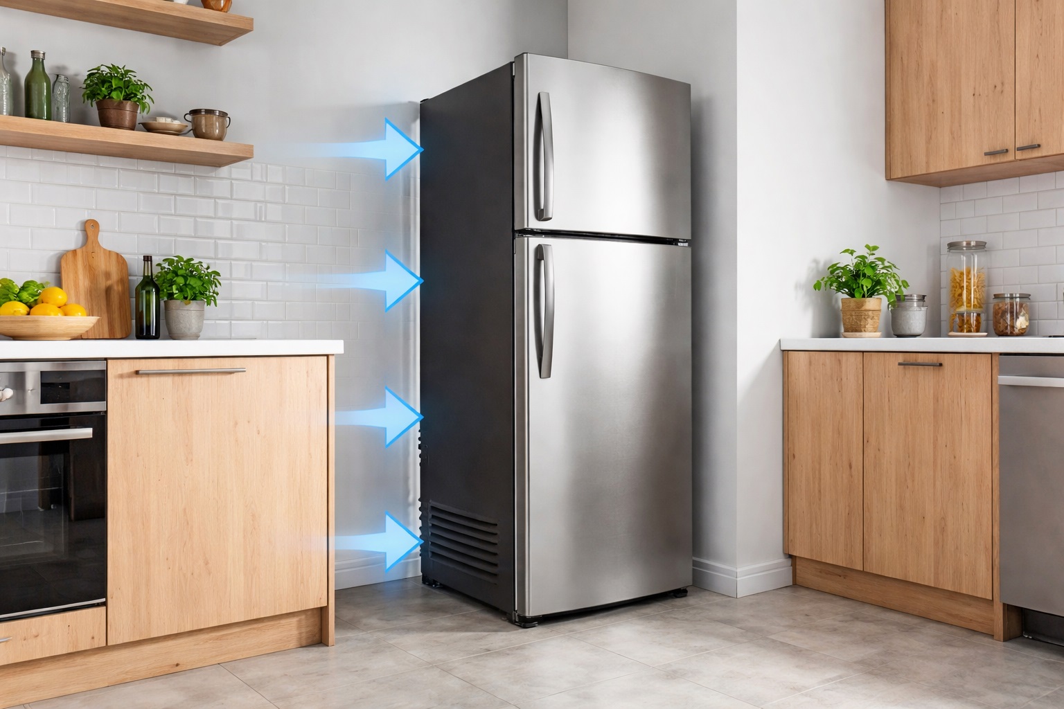 Frigorifero posizionato correttamente distante dalla parete con spazio per la ventilazione