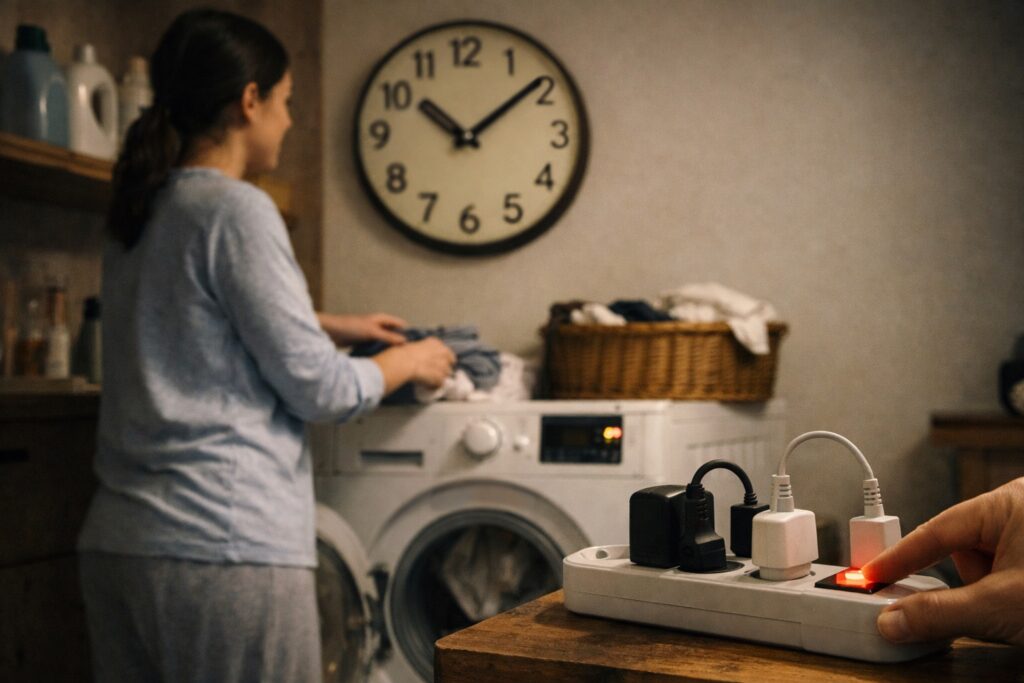una persona in pigiama che avvia la lavatrice mentre guarda l’orologio (sera/notte)