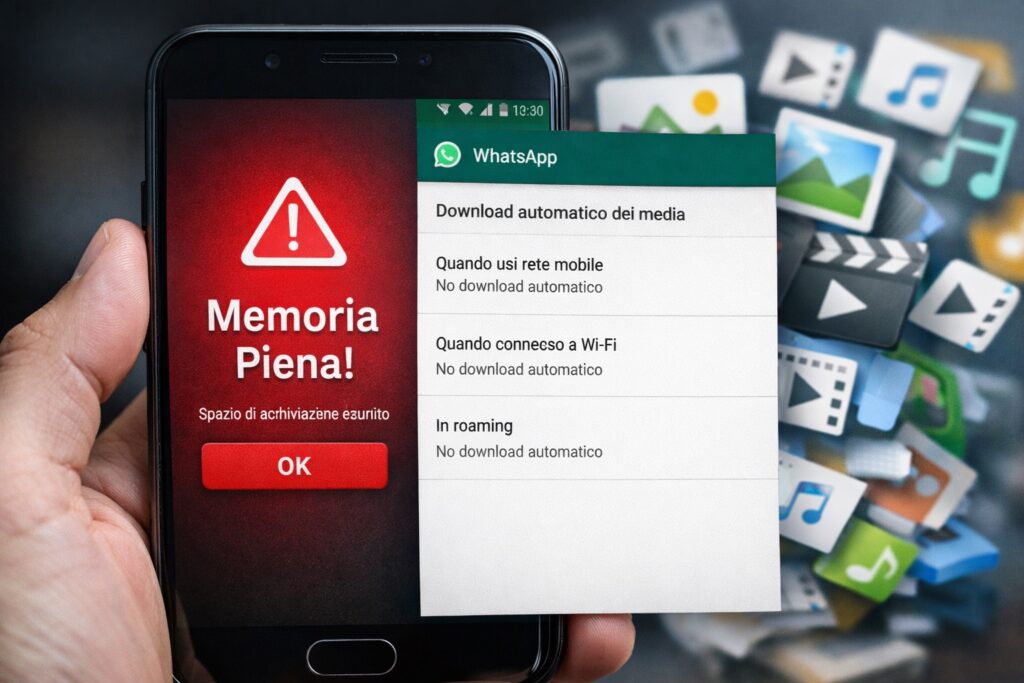 Smartphone con memoria piena e schermata WhatsApp aperta sulle impostazioni di download automatico dei media