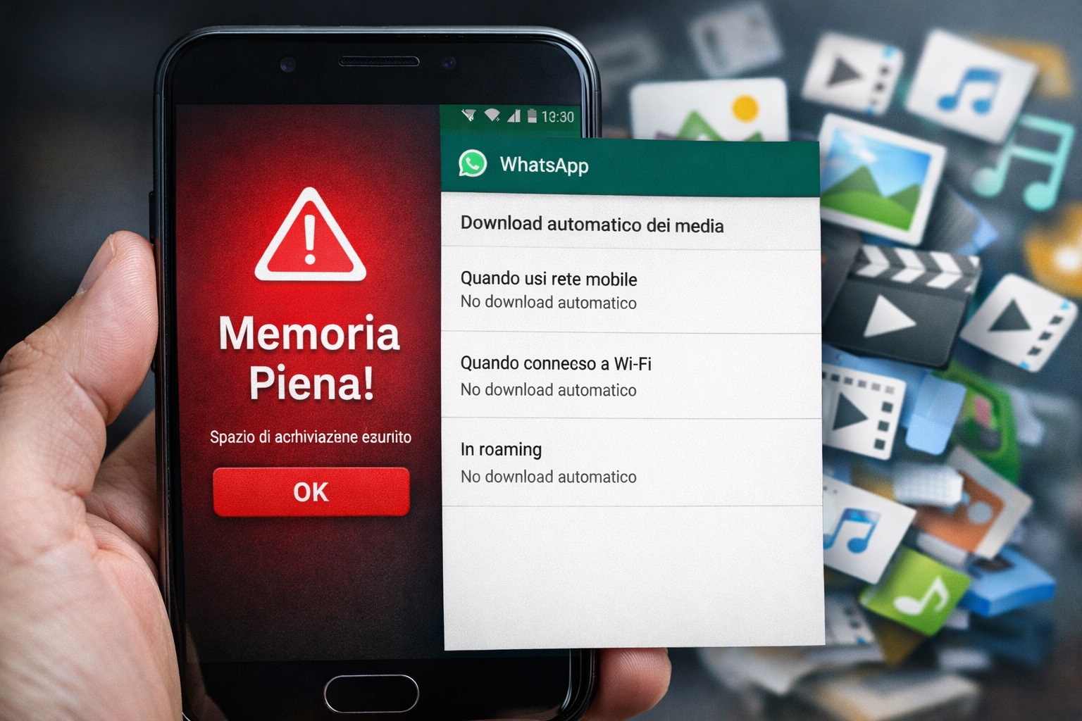 Smartphone con memoria piena e schermata WhatsApp aperta sulle impostazioni di download automatico dei media
