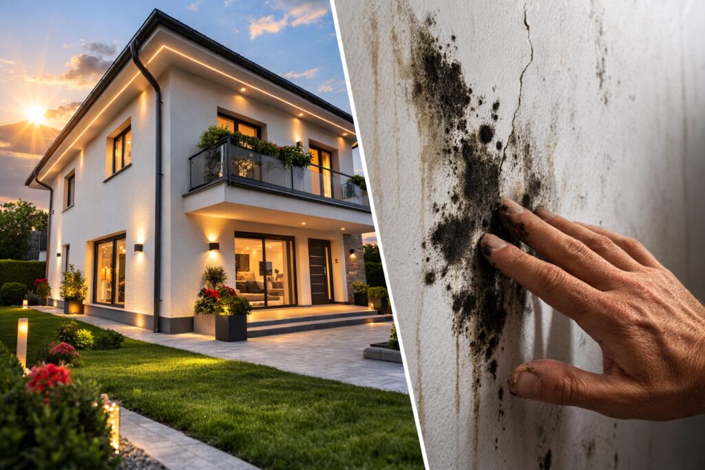 Un collage che mostra da una parte l'esterno di una casa bellissima e appena ristrutturata con il cappotto, e dall'altra un dettaglio ravvicinato di una mano che tocca una macchia di muffa nera su un muro interno bianco, creando un forte contrasto visivo.