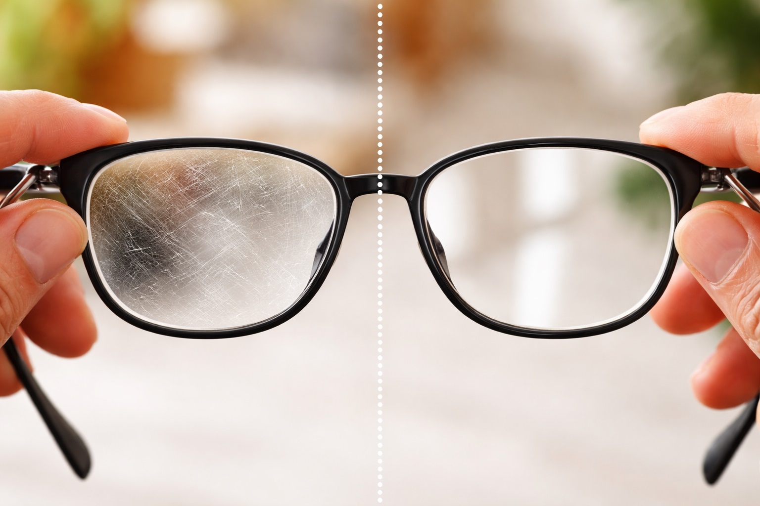 Occhiali con lenti graffiate prima e dopo il trattamento con rimedio casalingo, miglioramento visibile della superficie