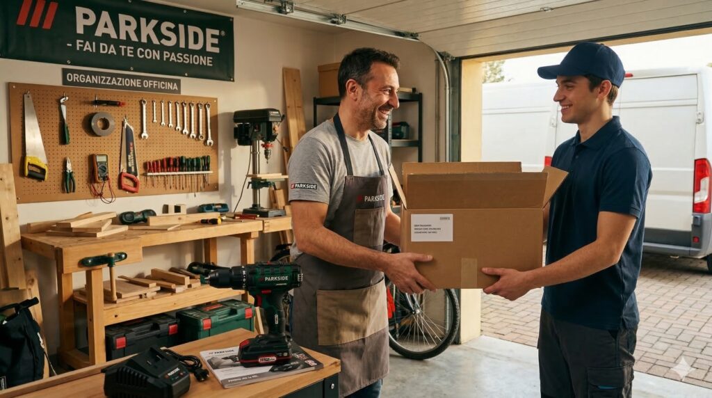 una persona che sorride mentre riceve un pacco Amazon contenente un trapano Parkside, con lo sfondo della sua officina casalinga ben organizzata