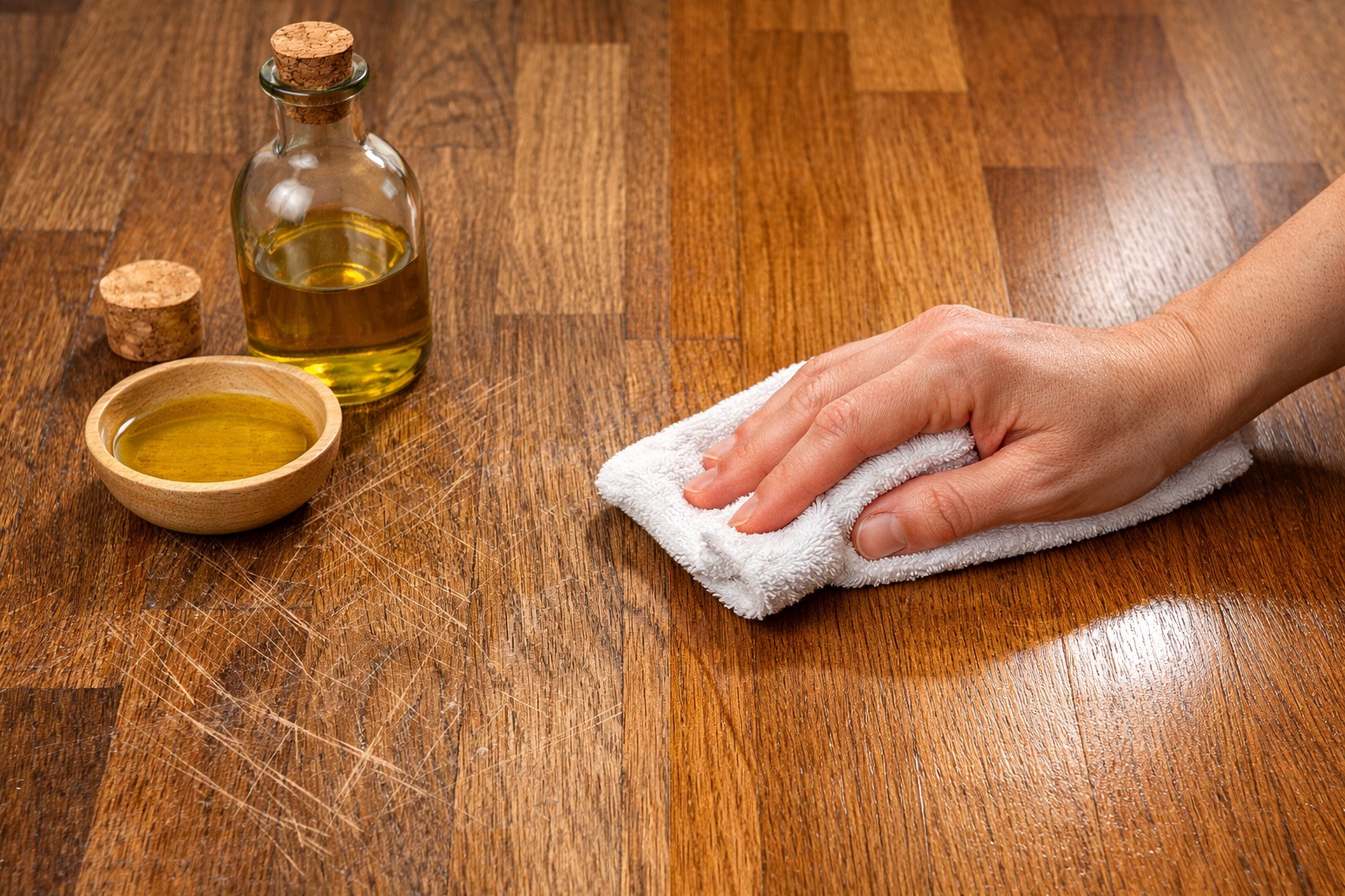 parquet con graffi leggeri trattati con panno e olio, superficie più uniforme e lucida