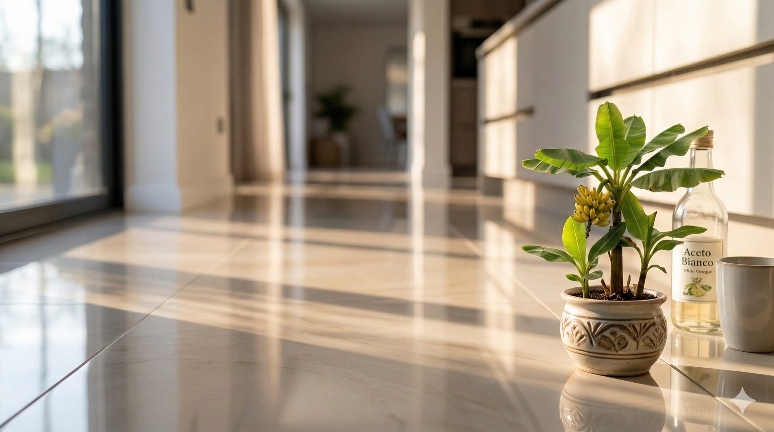 Un primo piano di alta qualità di un pavimento ceramicato lucido, quasi specchiato. In un angolo, una bottiglia di vetro di aceto bianco e una tazza di ceramica, entrambe sfocate, evocando semplicità e risparmio