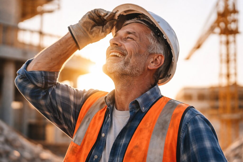 Un lavoratore edile maturo che si toglie il casco protettivo sorridendo verso il sole, con le mani segnate dal lavoro ma un'espressione di sollievo e libertà.