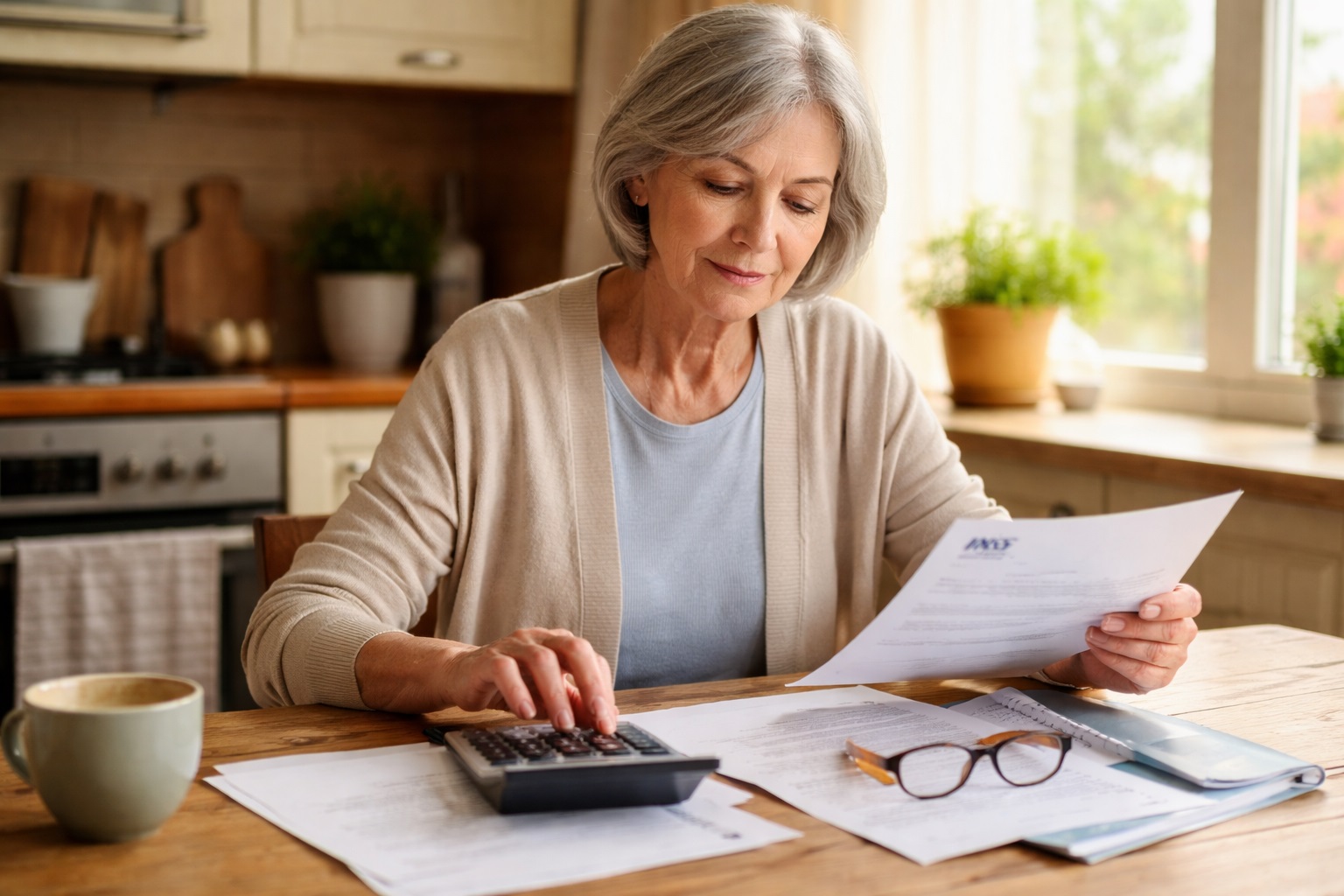 Una donna sui 67-70 anni seduta al tavolo della cucina con documenti, una calcolatrice e una lettera dell’INPS