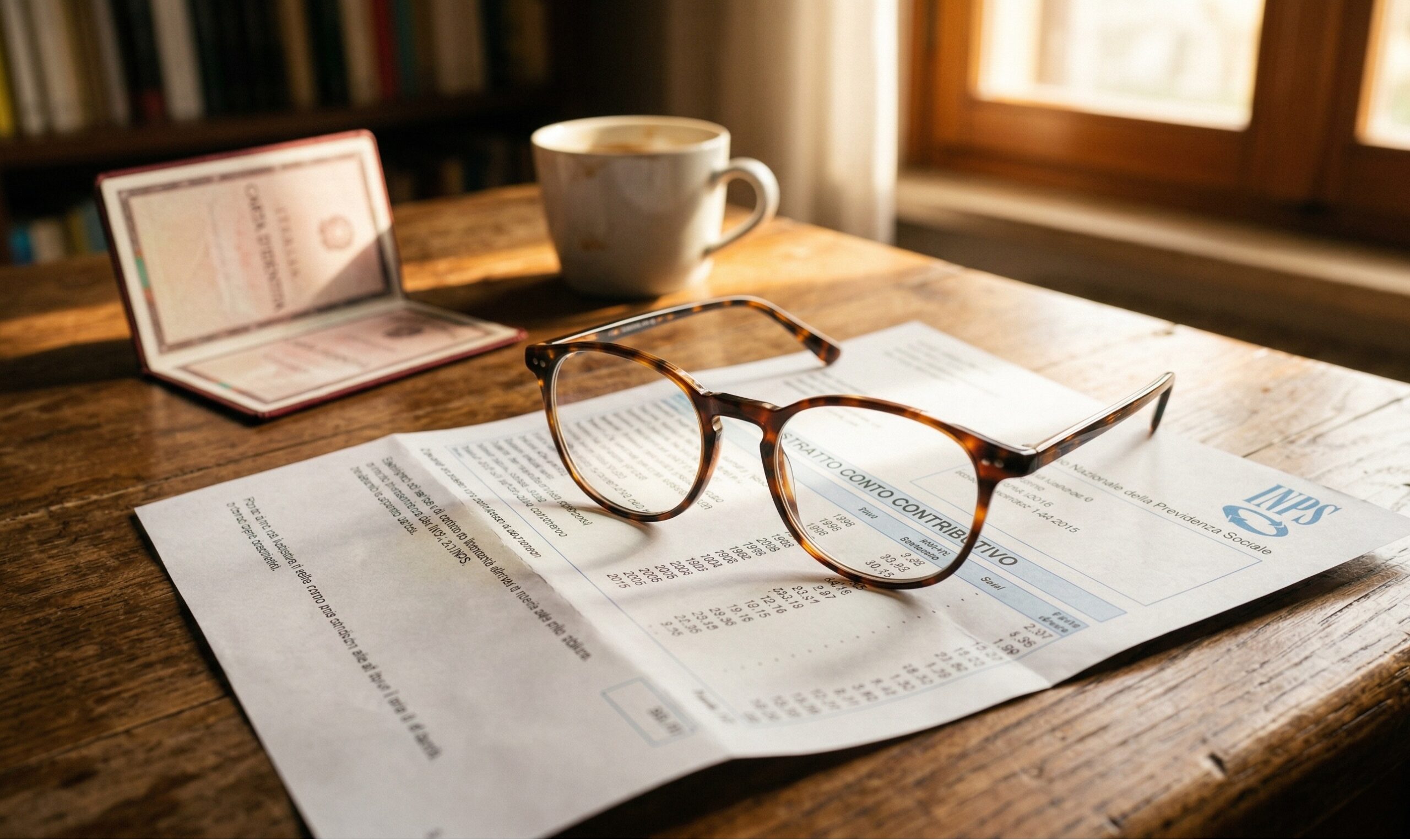un paio di occhiali da lettura posati sopra un estratto conto contributivo INPS, con una luce solare calda che illumina la scrivania