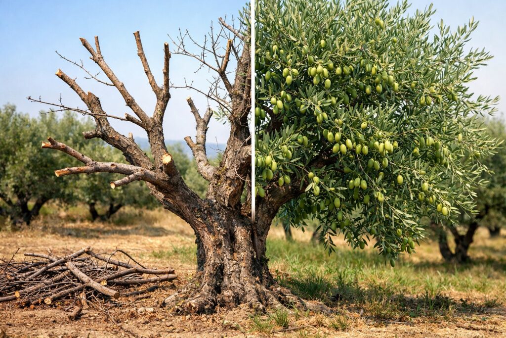 Olivo potato in modo errato a marzo con rami tagliati eccessivamente e chioma diradata che compromette la produzione