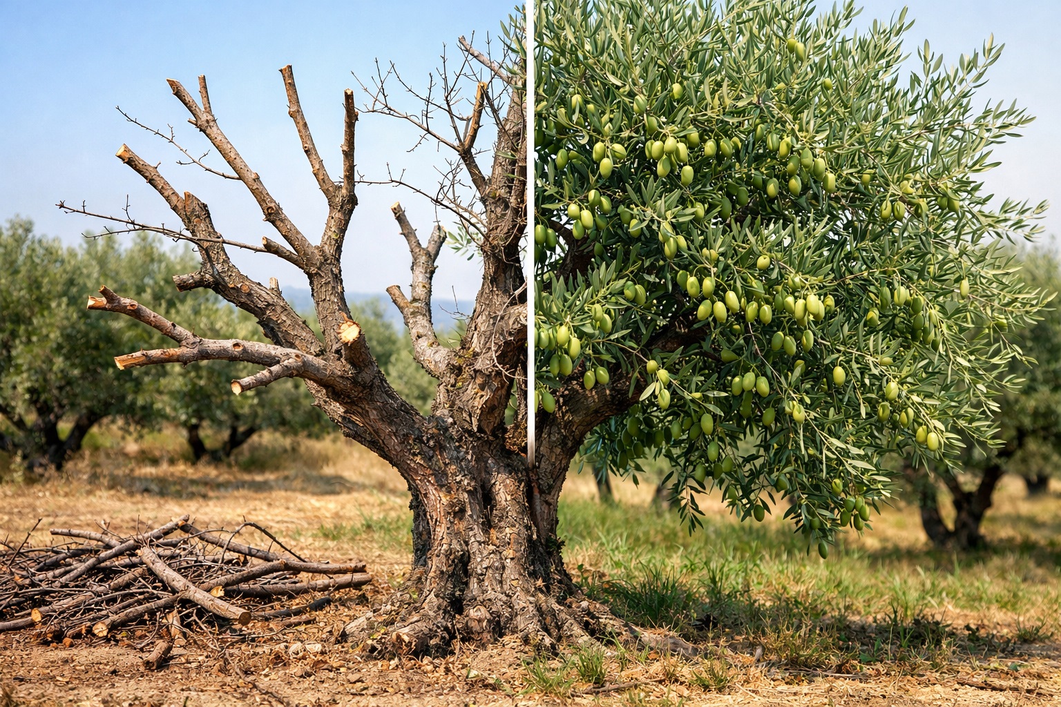 Olivo potato in modo errato a marzo con rami tagliati eccessivamente e chioma diradata che compromette la produzione