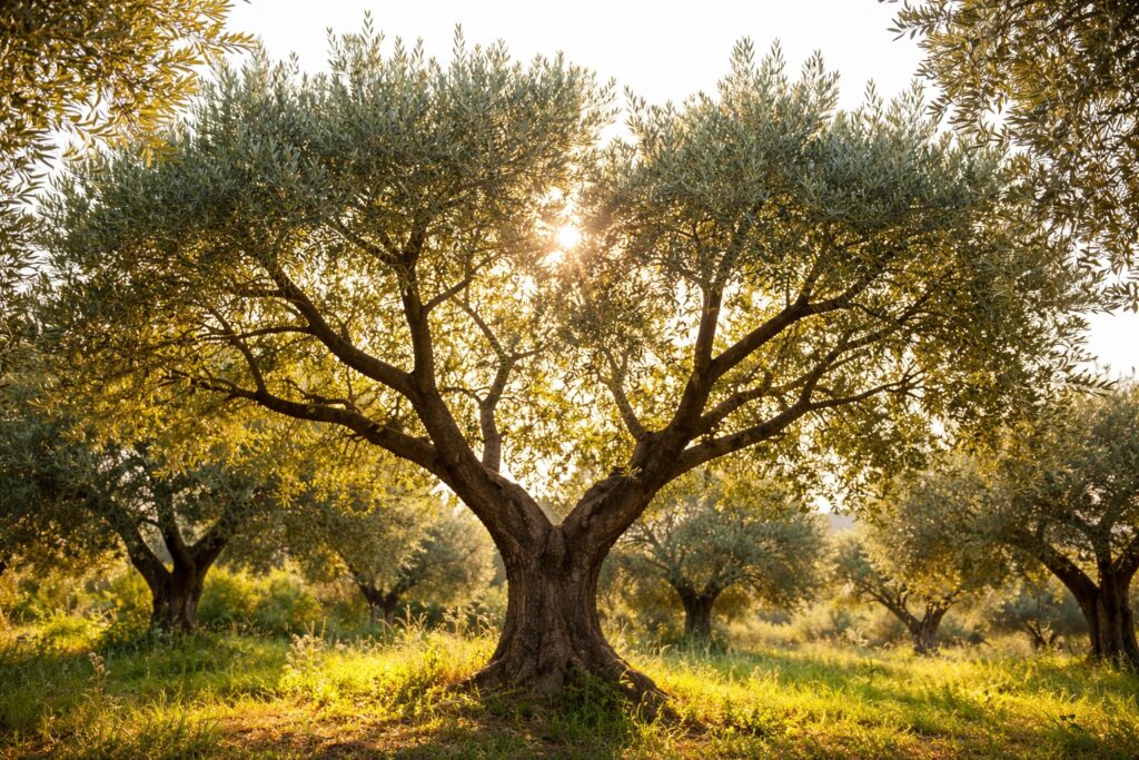 olivo potato a mano aperta con chioma aperta e rami ben distribuiti alla luce