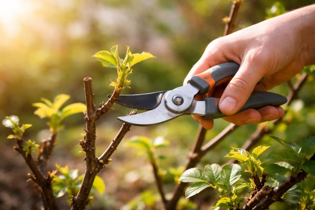 Una mano che pota delicatamente una pianta (tipo rosa o geranio) con forbici, mentre si vedono i primi germogli verdi e luminosi.