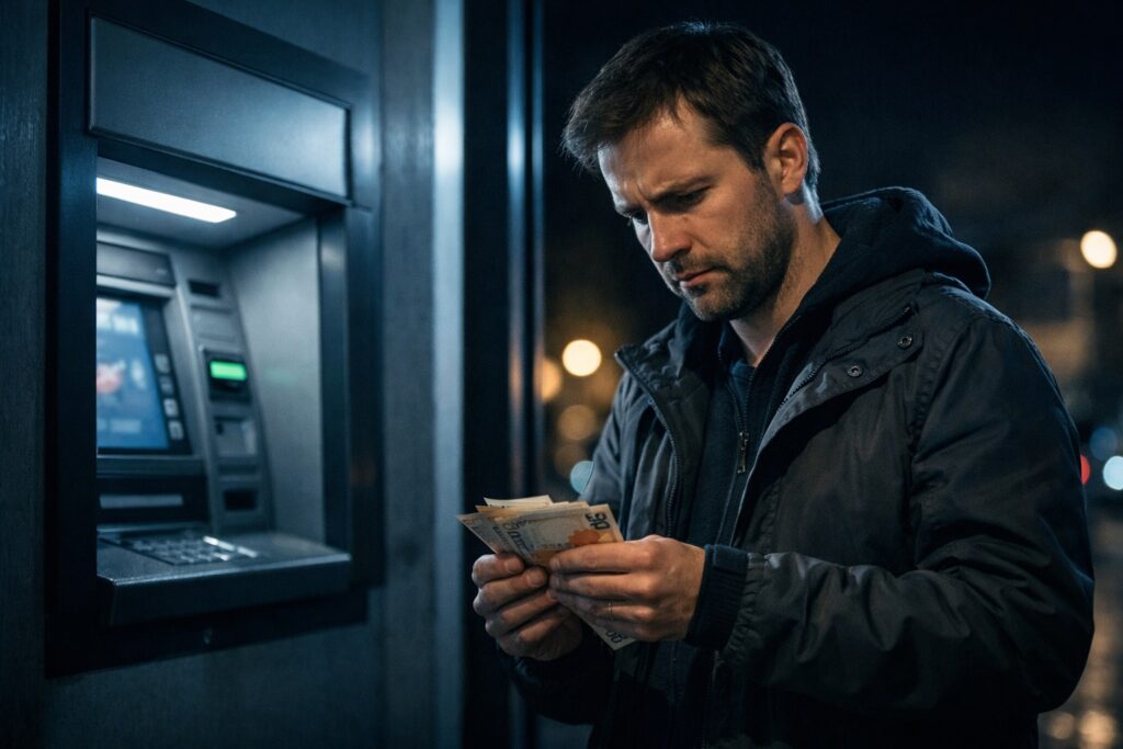 una persona davanti al bancomat di notte, luce fredda, sguardo leggermente preoccupato mentre osserva i contanti appena prelevati