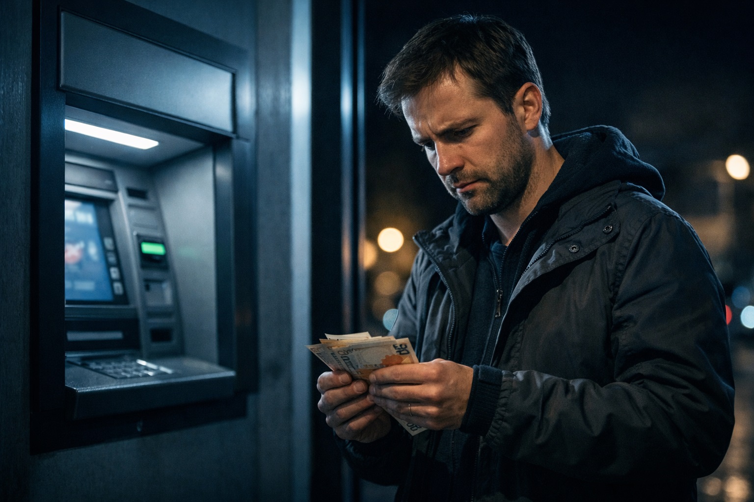 una persona davanti al bancomat di notte, luce fredda, sguardo leggermente preoccupato mentre osserva i contanti appena prelevati