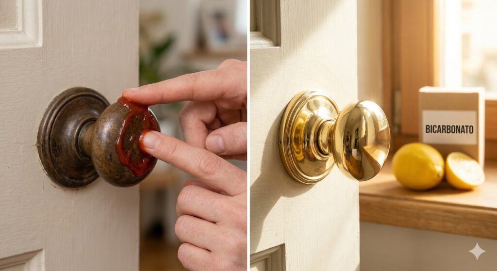 A sinistra, una mano che applica del ketchup su una maniglia di ottone molto scura e opaca. A destra, la stessa maniglia che brilla intensamente sotto la luce di una finestra, con un limone e un pacco di bicarbonato sullo sfondo