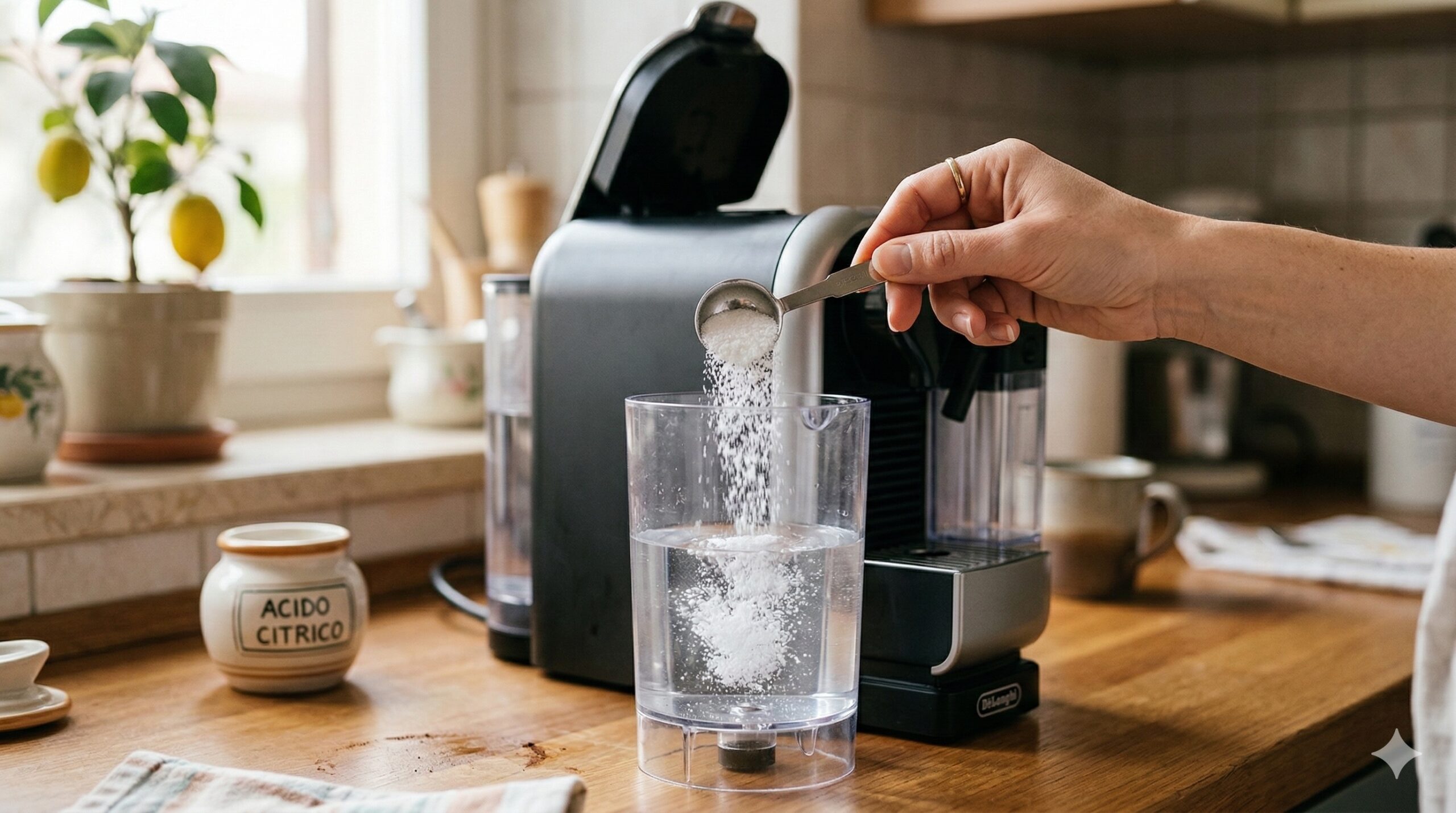 una mano che versa una polvere bianca cristallina (acido citrico) in un serbatoio d'acqua di una macchina da caffè moderna