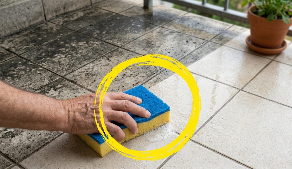 Un'immagine "prima e dopo" divisa diagonalmente, con una mano che tiene una spugna e un cerchio giallo che evidenzia la zona dove il nero dello smog scompare lasciando la piastrella come nuova