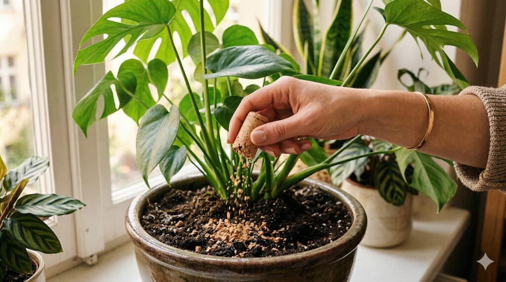Una mano sta sbriciolando un tappo di sughero naturale sopra il terriccio scuro di una pianta da appartamento rigogliosa e verde