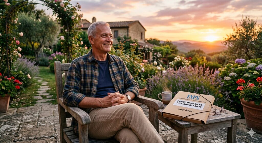 Un lavoratore di circa 63 anni che sorride guardando il tramonto o il suo giardino, con una cartella dell'INPS chiusa sul tavolo accanto a lui, simboleggiando il successo del pensionamento anticipato