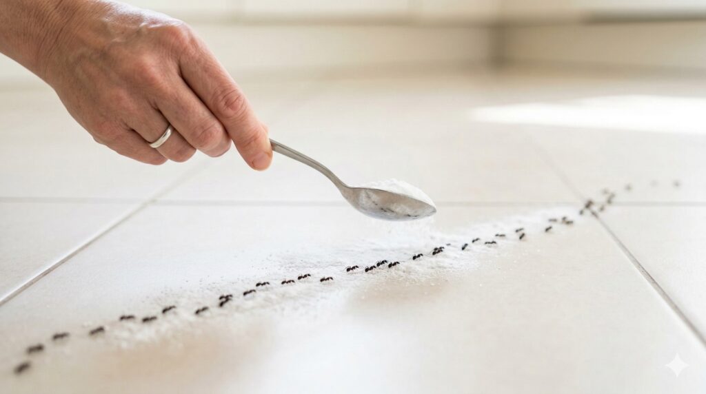 Un cucchiaio da cucina in metallo pieno di polvere bianca (bicarbonato) viene avvicinato a un davanzale in pietra dove si intravedono alcune formiche in fila, con l'esterno della finestra sfocato e soleggiato