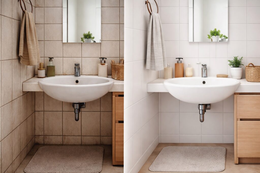 bagno rinnovato con piccoli interventi fai da te economici come nuovi accessori e superfici moderne