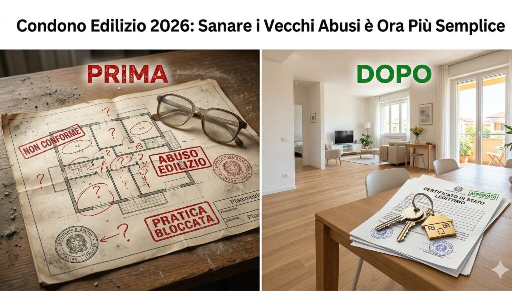 da una parte una vecchia planimetria polverosa e ingiallita con dei timbri rossi di "irregolarità", dall'altra una casa moderna, luminosa e ristrutturata con una chiave d'oro appoggiata sopra