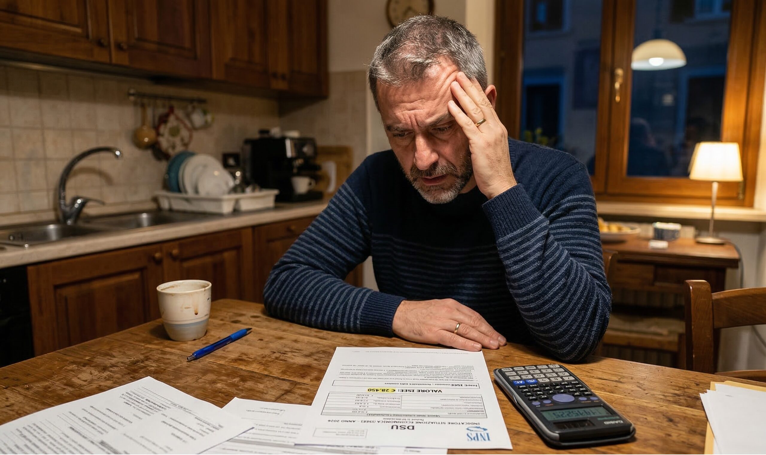 Un uomo preoccupato guarda un documento ISEE e una calcolatrice sul tavolo di cucina, rappresentando lo stress finanziario delle famiglie medie