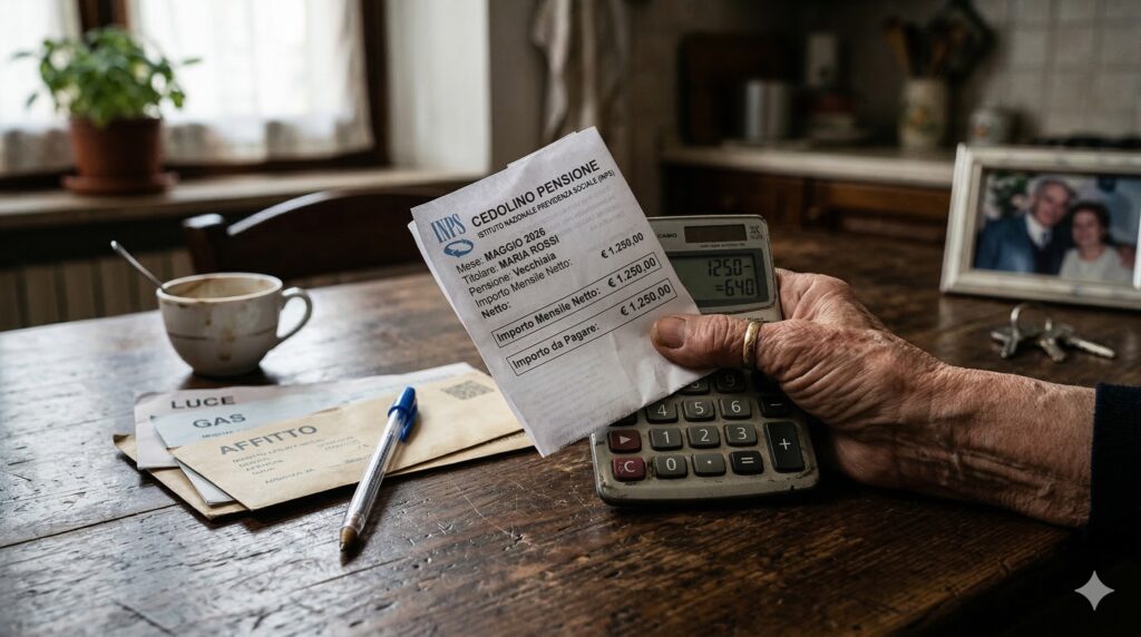 Una mano anziana che tiene con forza un cedolino della pensione e una calcolatrice su un tavolo di legno scuro.