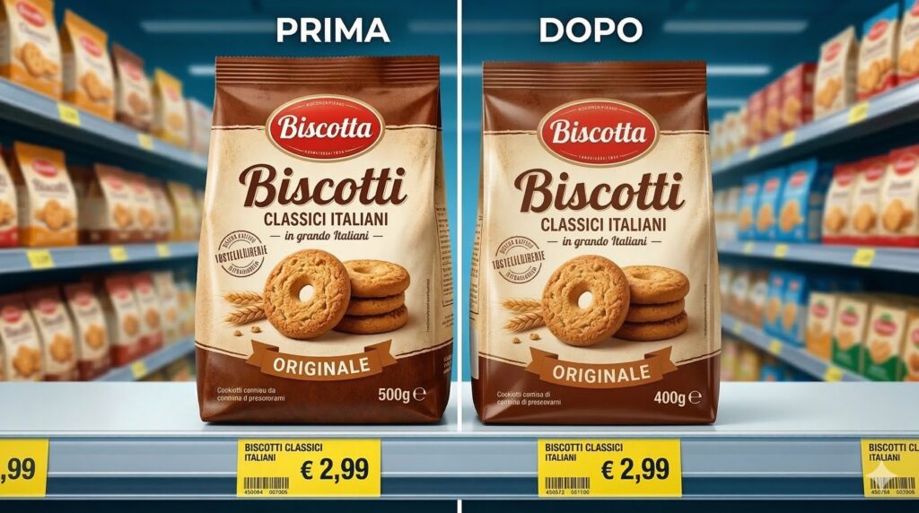 una confezione di biscotti divisa a metà. A sinistra, la confezione "vecchia" con il peso originale (es. 500g) e a destra la confezione "nuova" visibilmente più piccola ma con la stessa etichetta del prezzo