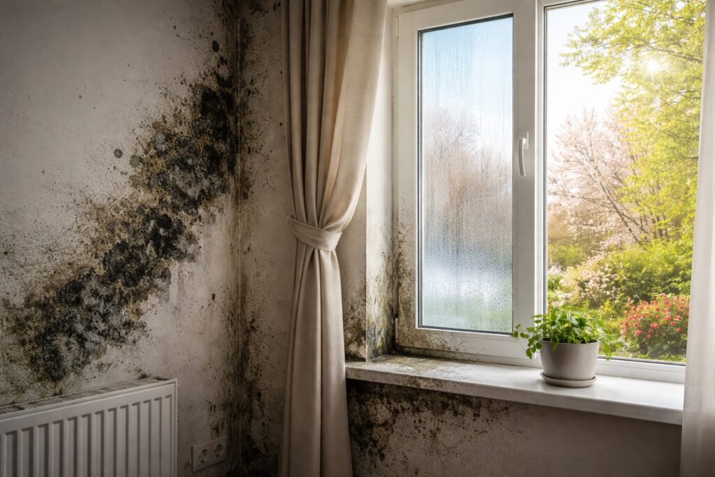 muro di casa con macchie di muffa vicino alla finestra durante il cambio di stagione tra inverno e primavera