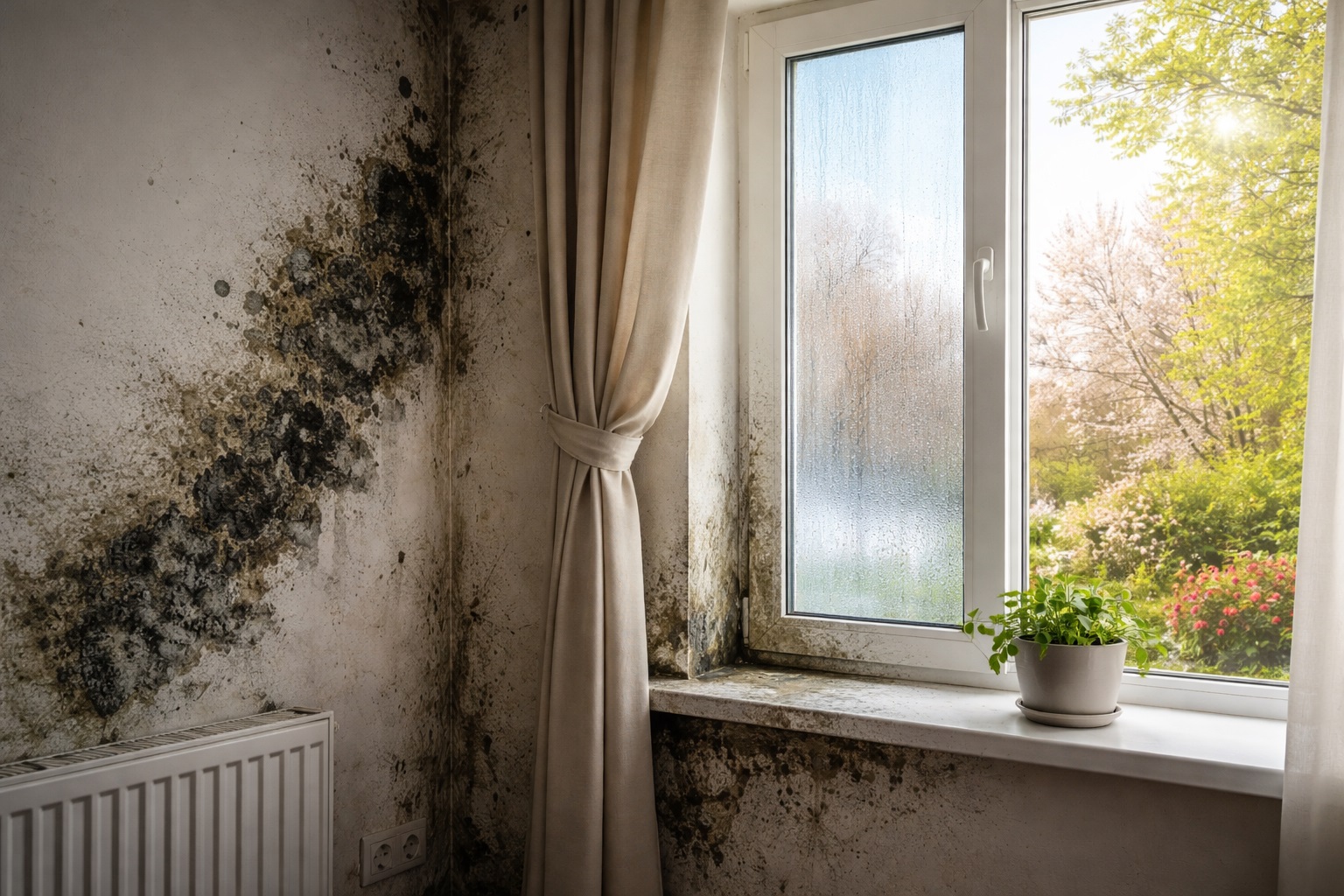 muro di casa con macchie di muffa vicino alla finestra durante il cambio di stagione tra inverno e primavera