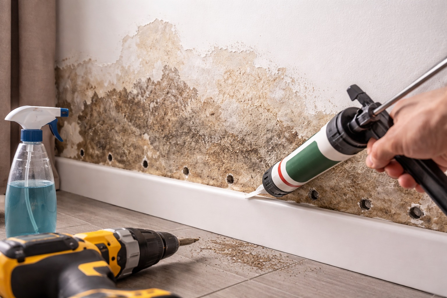 Parete domestica con umidità visibile nella parte bassa e una mano che inietta la barriera chimica nei fori alla base del muro