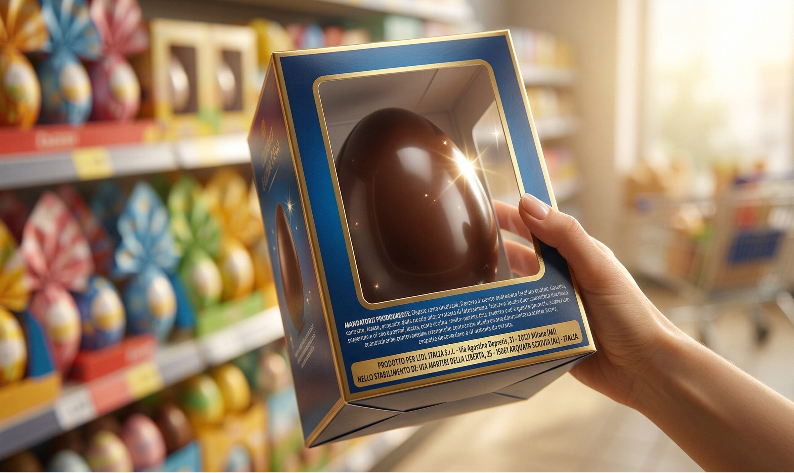 una mano che ruota la scatola di un uovo di Pasqua per leggere l'etichetta dello stabilimento sul retro