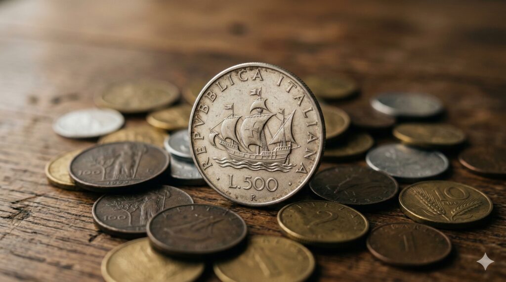 Primo piano macro di una rara moneta da 500 lire d'argento con le caravelle e altre vecchie monete italiane su un tavolo di legno.
