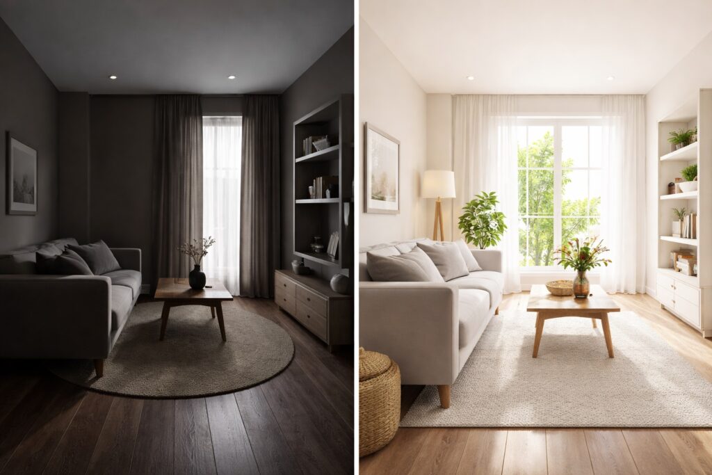 stanza piccola trasformata con pareti chiare e luminose che sembrano più ampie