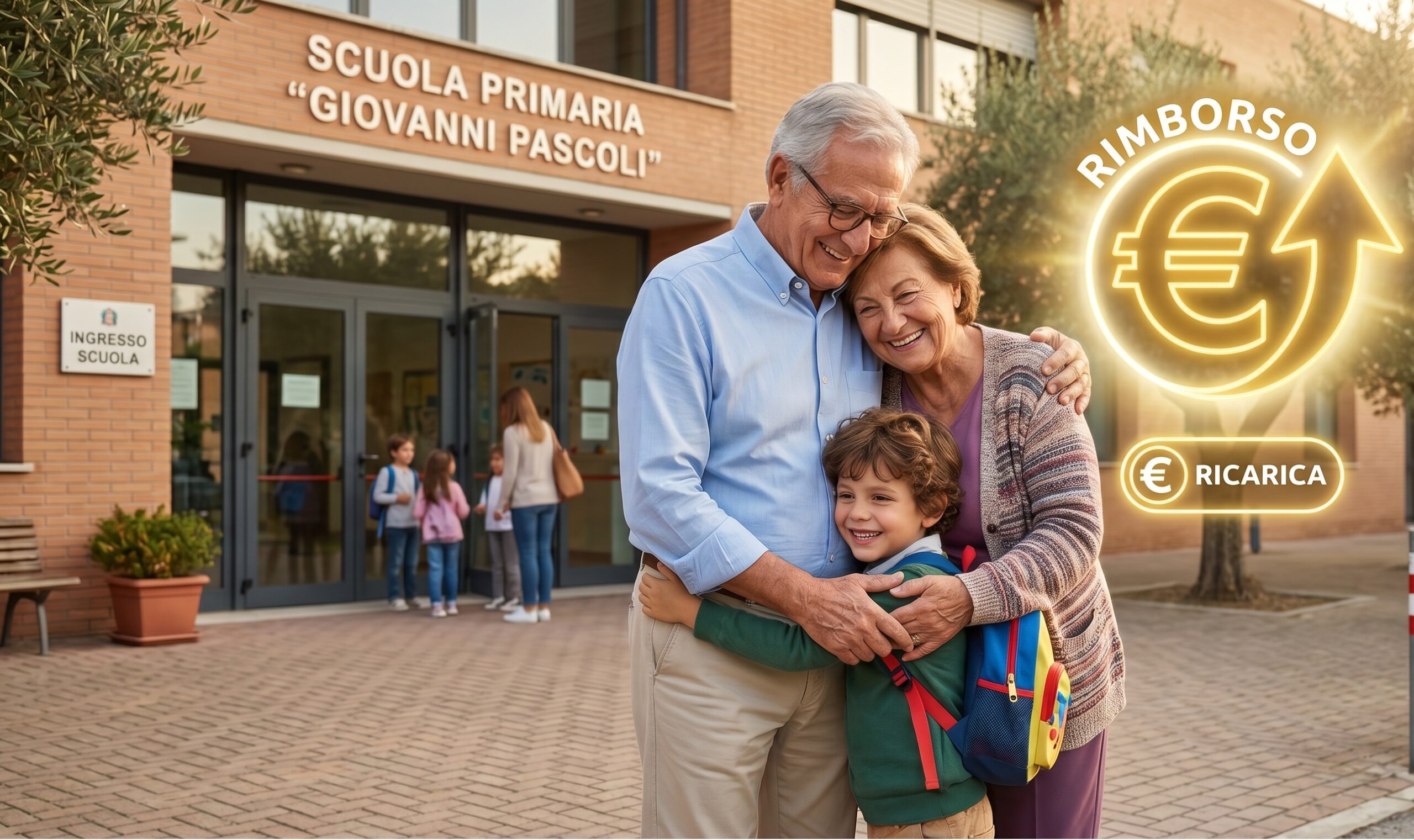 Una coppia di nonni sorridenti che abbraccia un nipotino davanti a una scuola