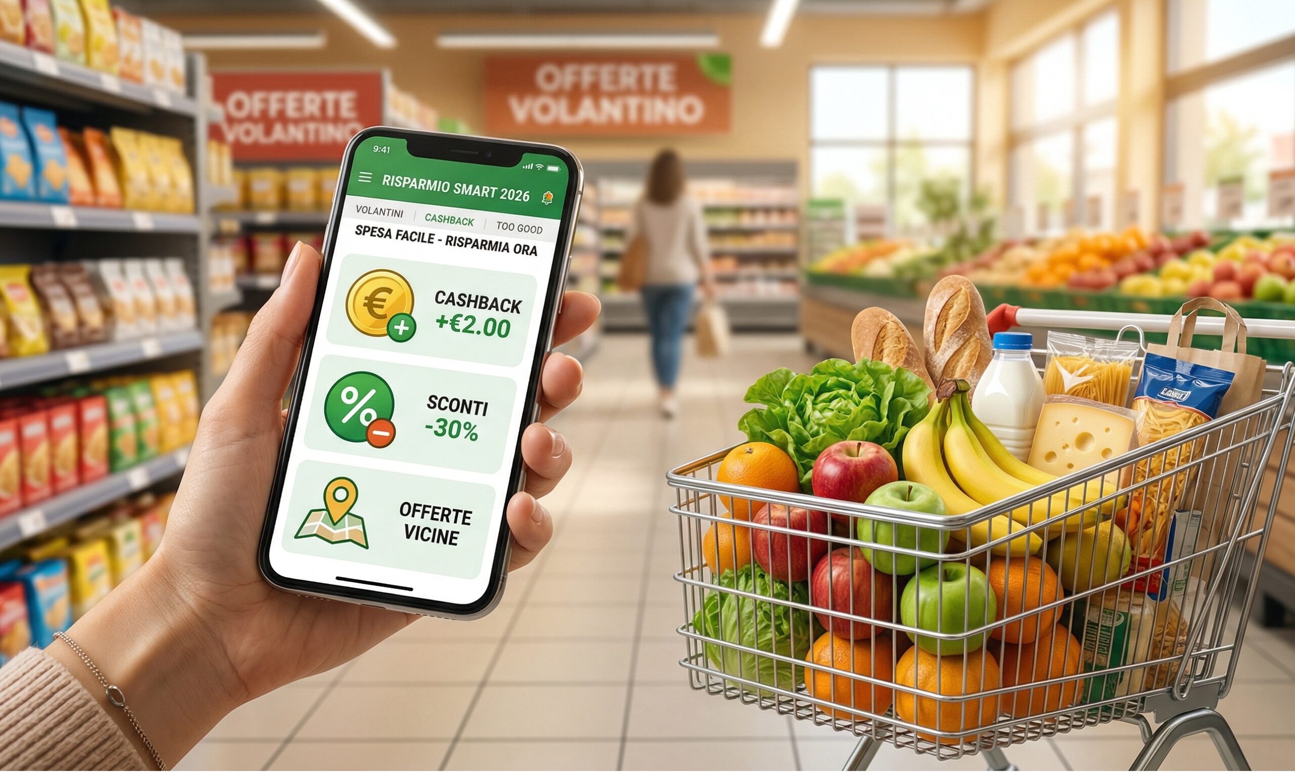 un carrello della spesa pieno di prodotti freschi, con uno smartphone in primo piano che visualizza icone di monete di euro e simboli di sconti percentuali