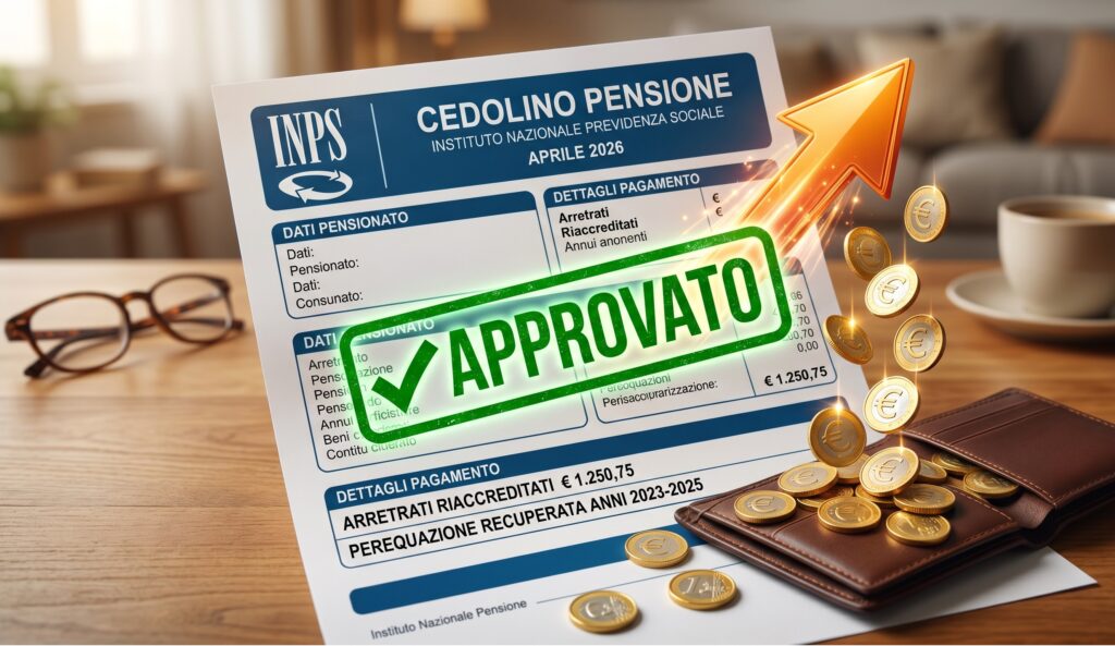 Un primo piano di un cedolino della pensione con un timbro digitale verde "APPROVATO"
